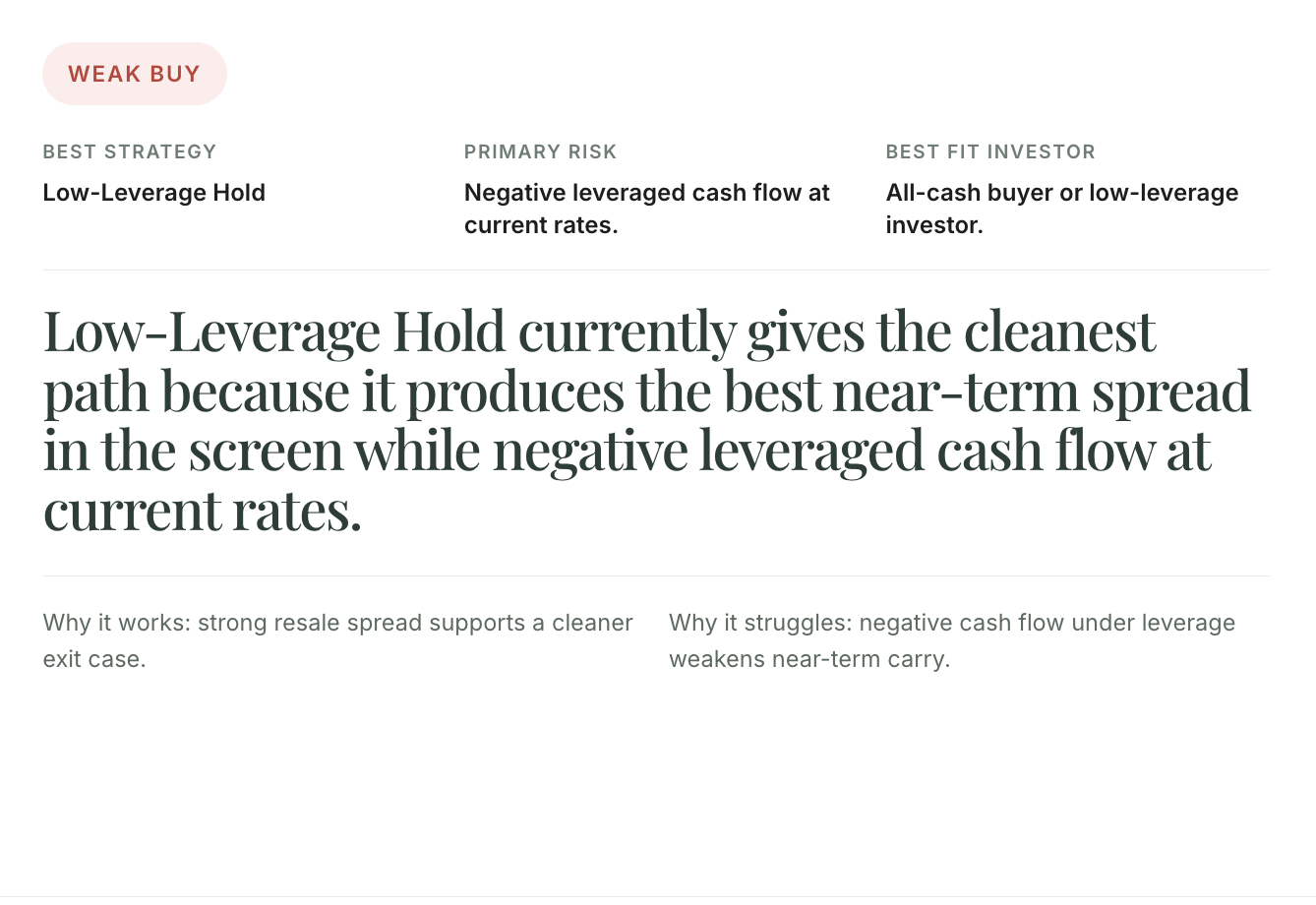 Investment verdict screen with best strategy, primary risk, best fit investor, and written AI recommendation summary